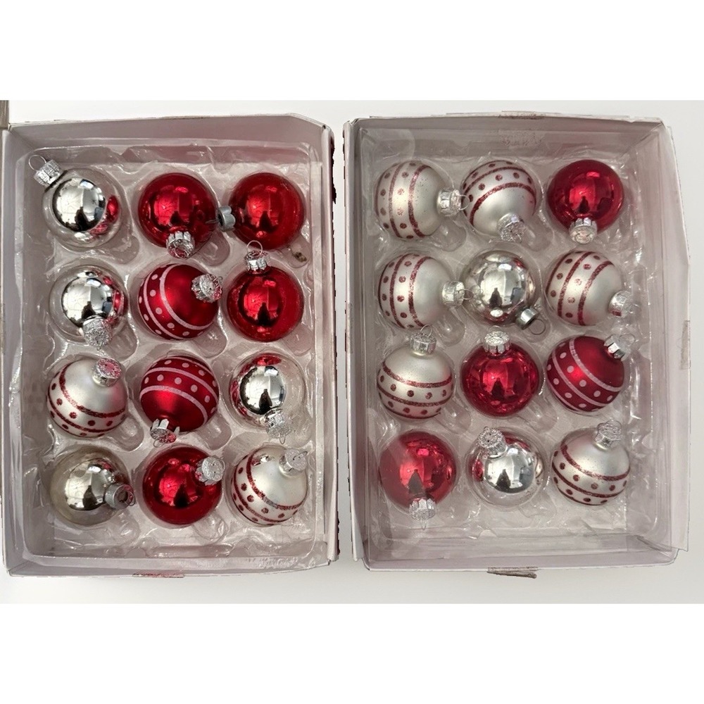 Glass Round Christmas Hanging Bauble Ornaments Set of 24 Red Silver White Polka